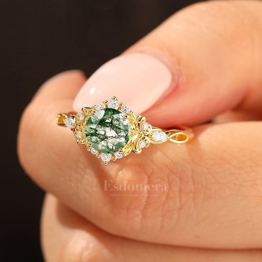 14K Bague de fiançailles vintage en or jaune sertie d'une agate mousse naturelle ronde taille halo florale filigrane