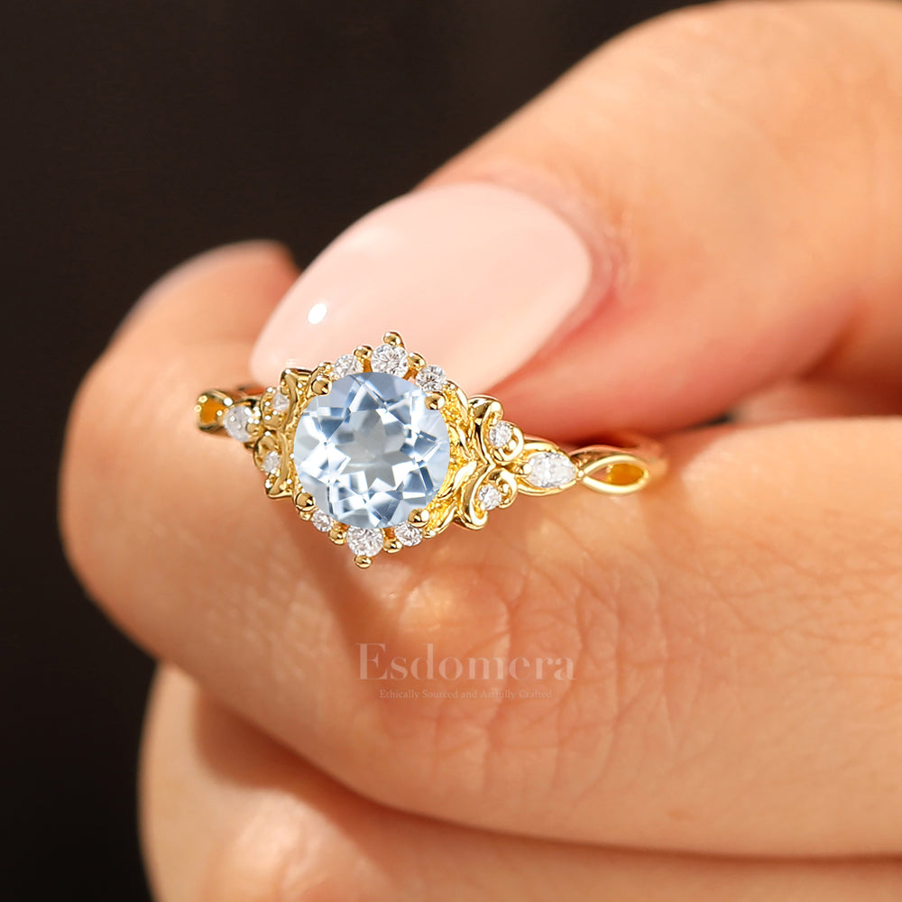 14K Vintage Floral Halo Aquamarine Round Cut Yellow Gold Engagement Ring Filigree Ring