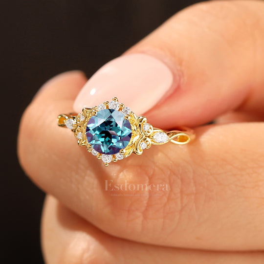 14K Vintage Floral Halo Alexandrite Round Cut Yellow Gold Moissanite Engagement Ring Filigree Ring -  Esdomera.com