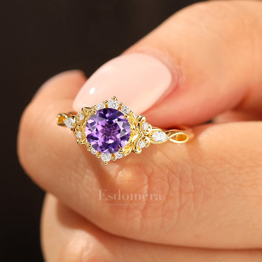 14K Vintage Floral Halo Natural Amethyst Round Cut Yellow Gold Engagement Ring Filigree Ring -  Esdomera.com