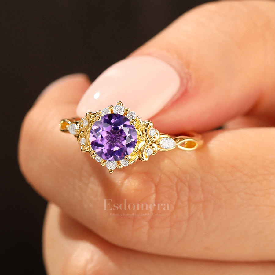 14K Vintage Floral Halo Natural Amethyst Round Cut Yellow Gold Engagement Ring Filigree Ring