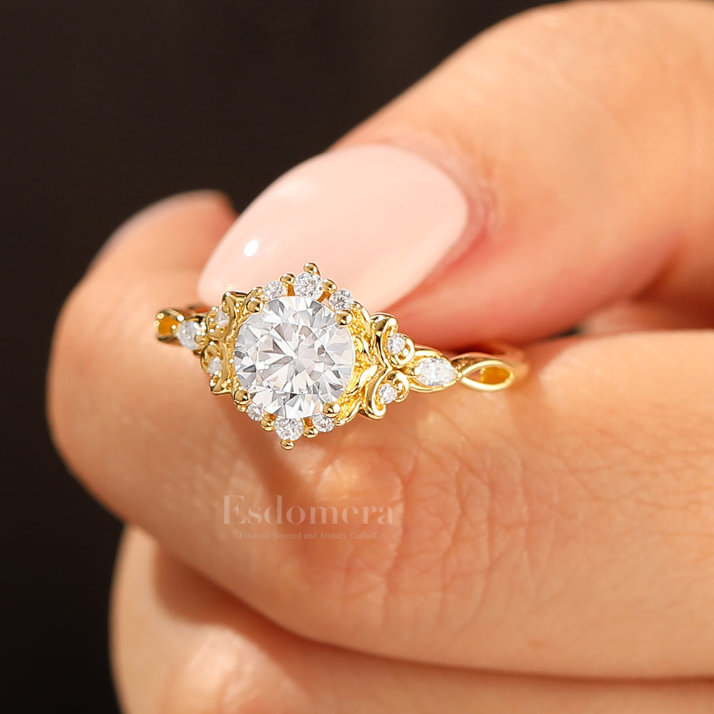 14K Vintage Floral Halo Moissanite Round Cut Yellow Gold Moissanite Engagement Ring Filigree Ring
