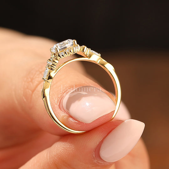 14K Vintage Blumen-Halo Moissanit Rundschliff Gelbgold Moissanit Verlobungsring Filigranring