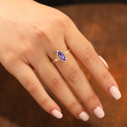 Floral Leaf Design Marquise Cut Amethyst Bridal Ring Yellow Gold Band Amethyst Women Ring