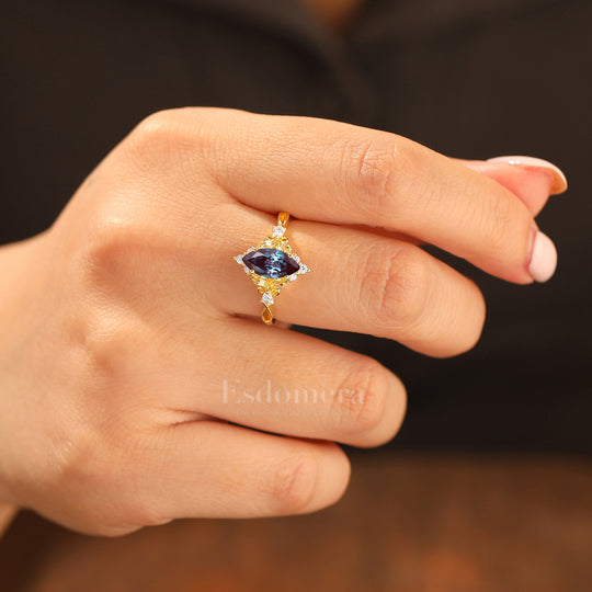 Artsy Bague de Mariage à Feuille Florale avec Alexandrite 1CT Taille Marquise Moissanite Anneau Creux