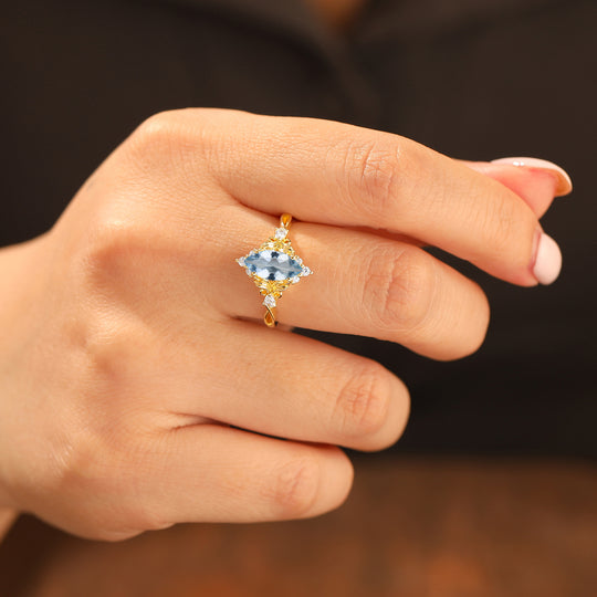 Exquisito anello nuziale con acquamarina blu taglio marquise, stile floreale, anello di fidanzamento in argento sterling 925