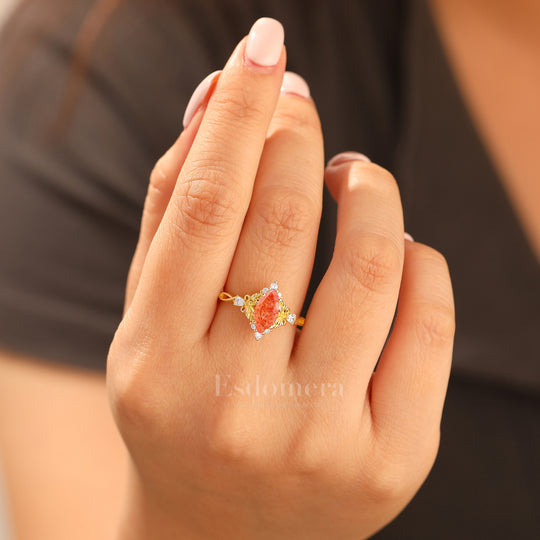 Natural Inspired Marquise Cut Green Sunstone Bridal Ring Vintage Leaf Women Ring