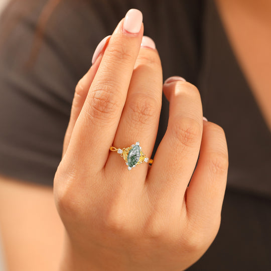 Natural Inspired Marquise Cut Green Moss Agate Bridal Ring Vintage Leaf Women Ring
