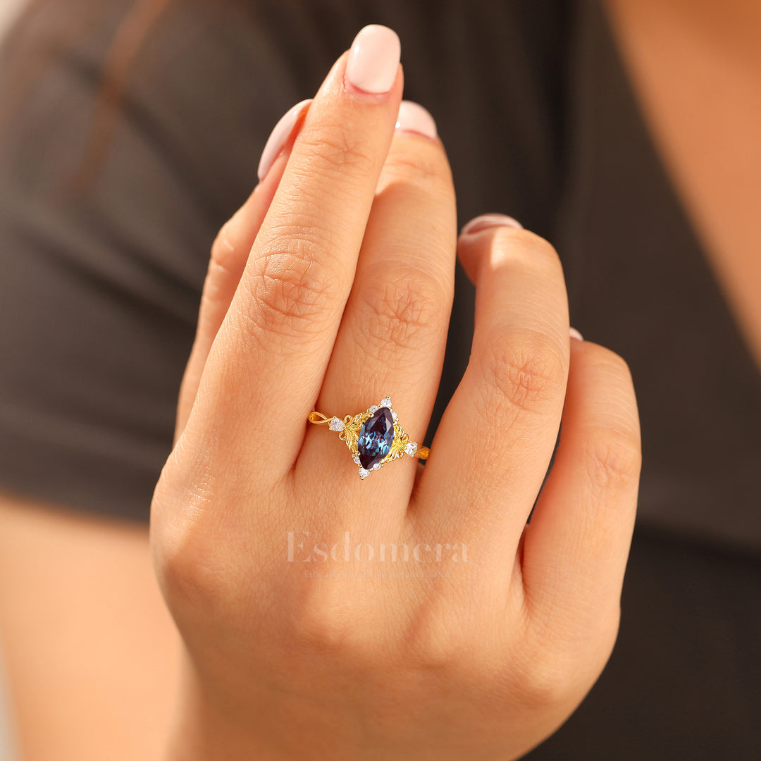 Artsy Bague de Mariage à Feuille Florale avec Alexandrite 1CT Taille Marquise Moissanite Anneau Creux