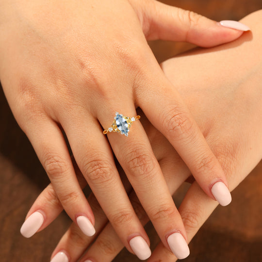 Exquisito anello nuziale con acquamarina blu taglio marquise, stile floreale, anello di fidanzamento in argento sterling 925