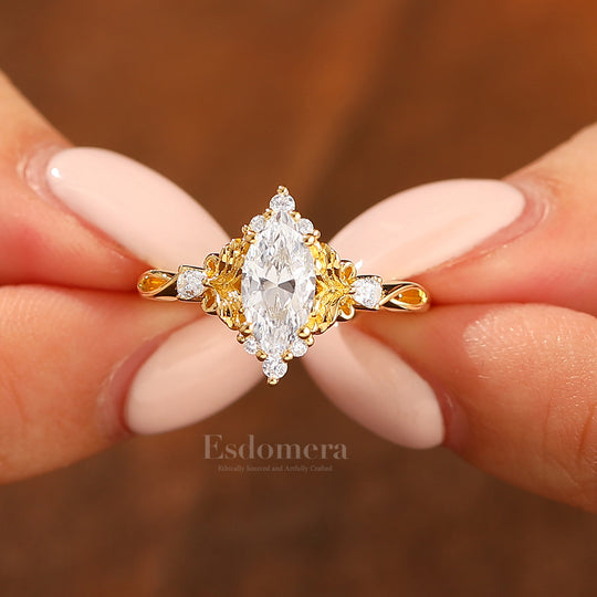 Artsy Bague de Fiançailles Feuille Florale Design Moissanite 1CT Taille Marquise Moissanite Anneau Creux