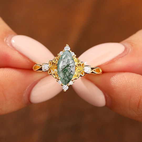 Natural Inspired Marquise Cut Green Moss Agate Bridal Ring Vintage Leaf Women Ring