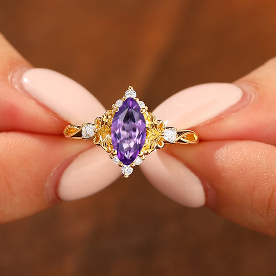 Floral Leaf Design Marquise Cut Amethyst Bridal Ring Yellow Gold Band Amethyst Women Ring