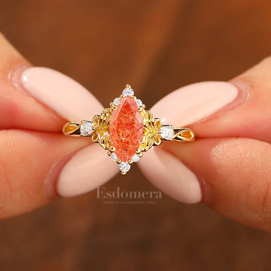 Natural Inspired Marquise Cut Green Sunstone Bridal Ring Vintage Leaf Women Ring