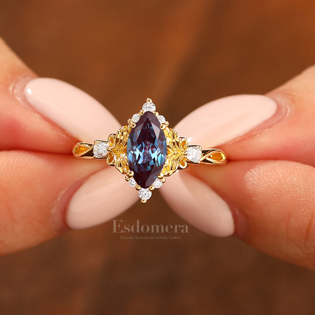 Artsy Bague de Mariage à Feuille Florale avec Alexandrite 1CT Taille Marquise Moissanite Anneau Creux