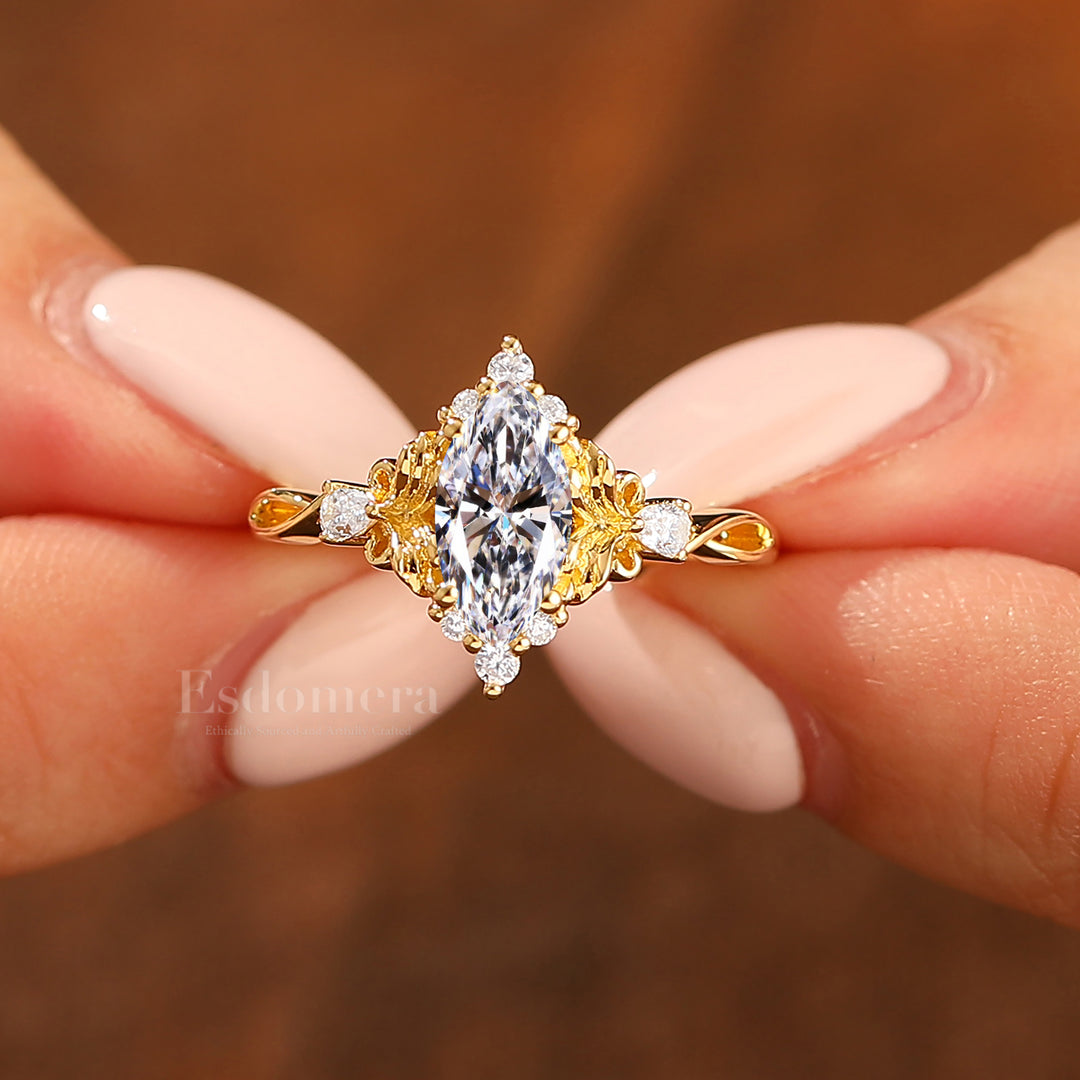 14K Vintage Blumen Marquise Cluster Laborgezüchteter Diamant Verlobung –
