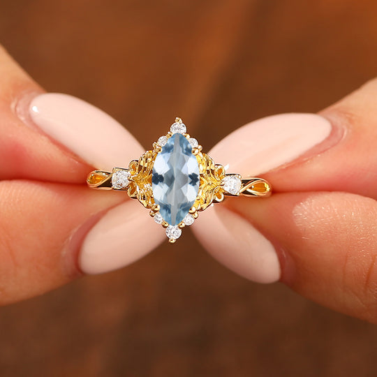 Exquisito anello nuziale con acquamarina blu taglio marquise, stile floreale, anello di fidanzamento in argento sterling 925