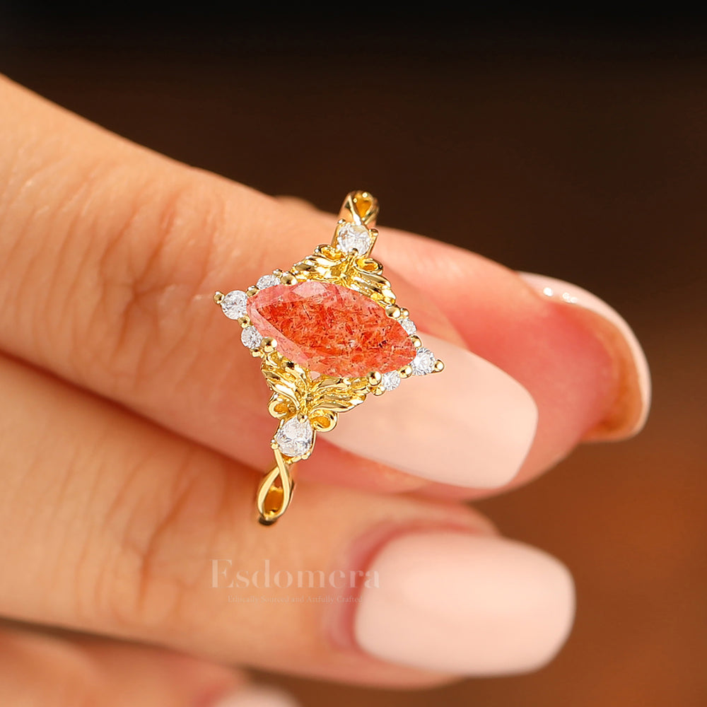 Natural Inspired Marquise Cut Green Sunstone Bridal Ring Vintage Leaf Women Ring
