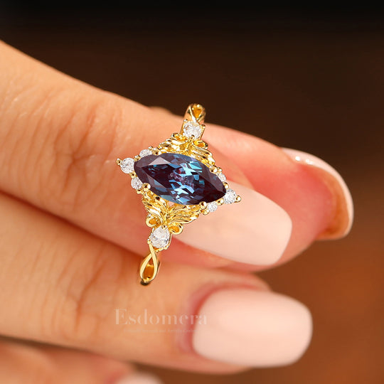 Artsy Bague de Mariage à Feuille Florale avec Alexandrite 1CT Taille Marquise Moissanite Anneau Creux