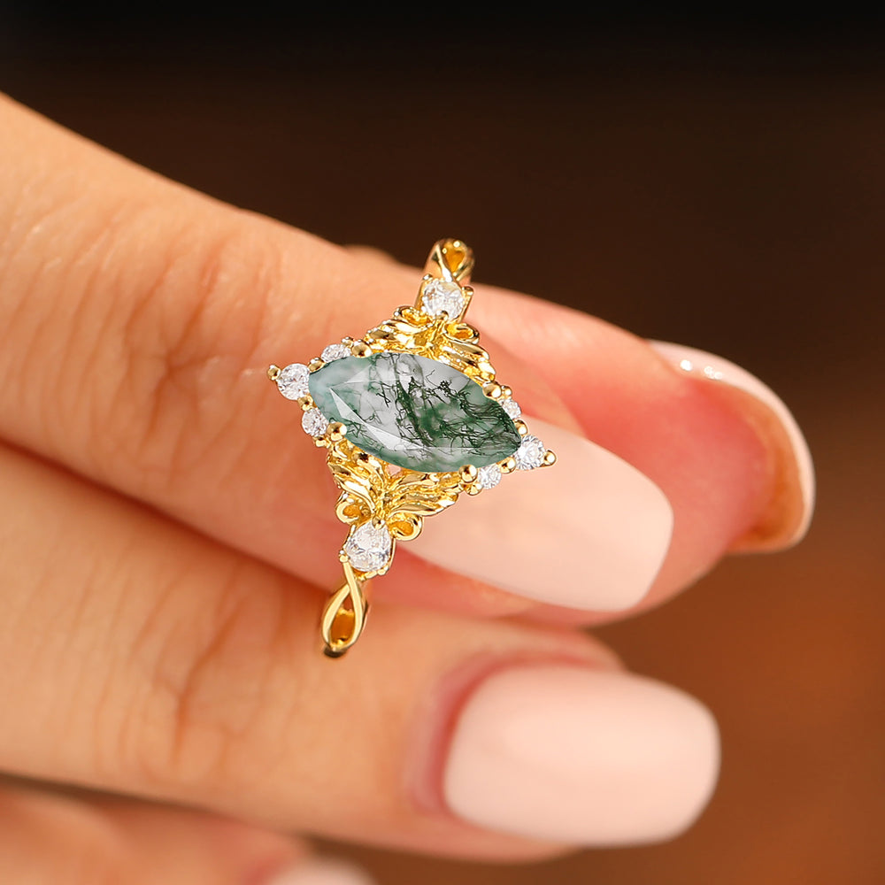 Natural Inspired Marquise Cut Green Moss Agate Bridal Ring Vintage Leaf Women Ring
