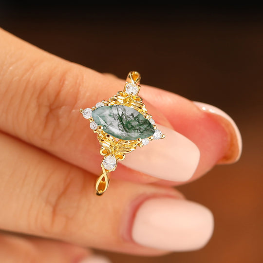 Natural Inspired Marquise Cut Green Moss Agate Bridal Ring Vintage Leaf Women Ring