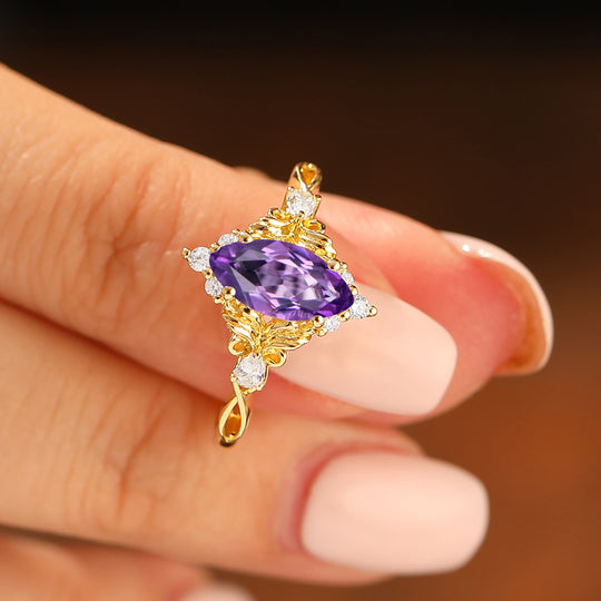Floral Leaf Design Marquise Cut Amethyst Bridal Ring Yellow Gold Band Amethyst Women Ring