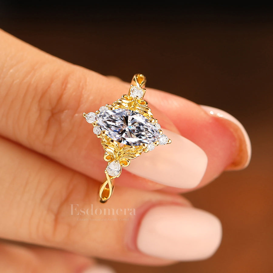 14K Vintage Floral Marquise Cluster Lab Grown Diamond  Engagement Ring Filigree Wedding Ring Yellow Gold Wedding Ring (IGI Certified)
