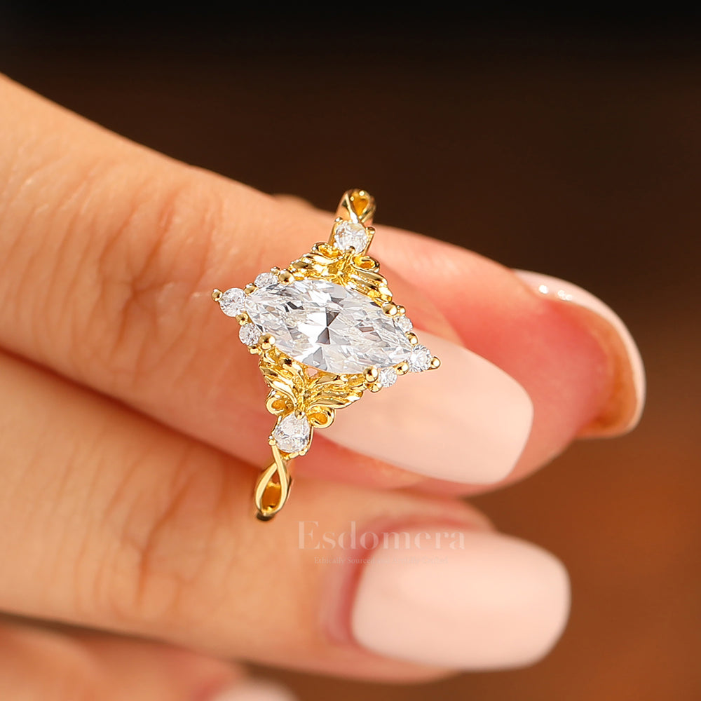 Artsy Floral Leaf Design Moissanite Ring 1CT Marquise Cut Moissanite Hollow Band Bridal Ring