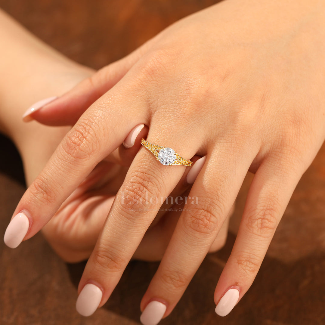 14K Vintage runder Solitär Verlobungsring aus Gelbgold mit Moissanit, filigraner Ring