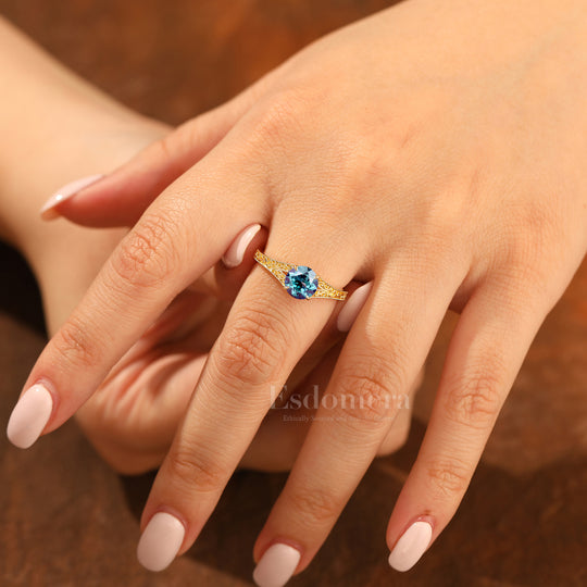 14K Vintage Round Cut Solitaire Yellow Gold Alexandrite Engagement Ring Filigree Ring