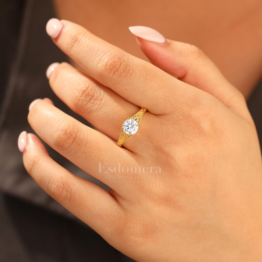 14K Vintage runder Solitär Verlobungsring aus Gelbgold mit Moissanit, filigraner Ring
