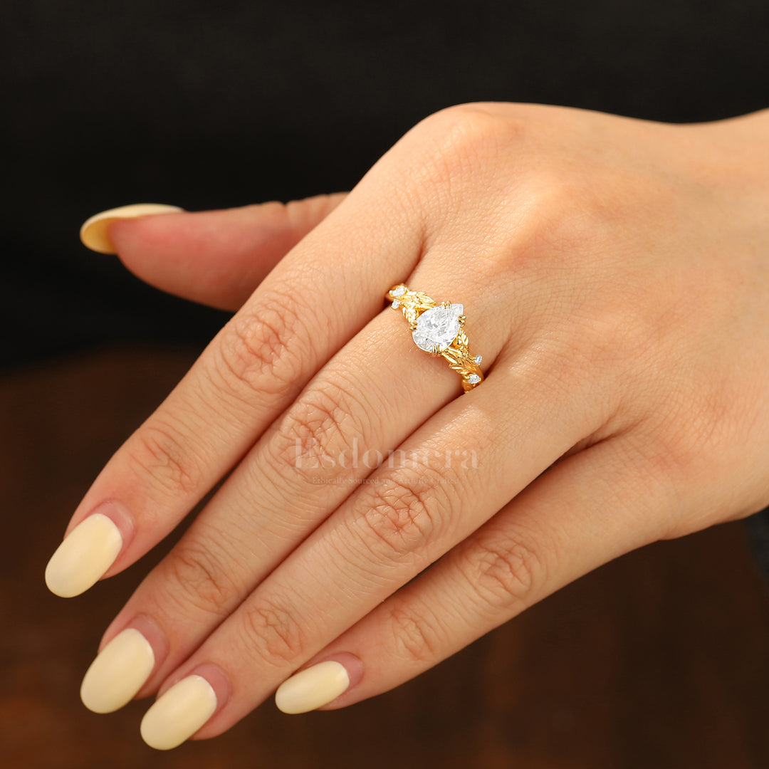 Radiant Pear Moissanite Leaf Design Wedding Ring Nature Inspired Vintage Engagement Ring