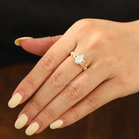 Radiant Pear Moissanite Leaf Design Wedding Ring Nature Inspired Vintage Engagement Ring