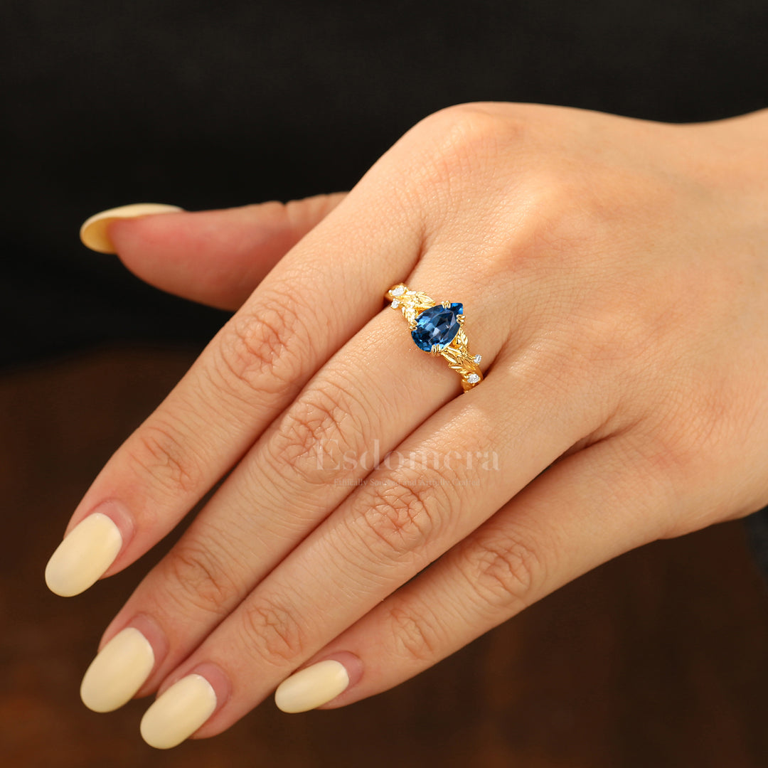 Enchanting Pear London Blue Topaz Bridal Ring Vine-Inspired 14K Gold Women Fine Ring