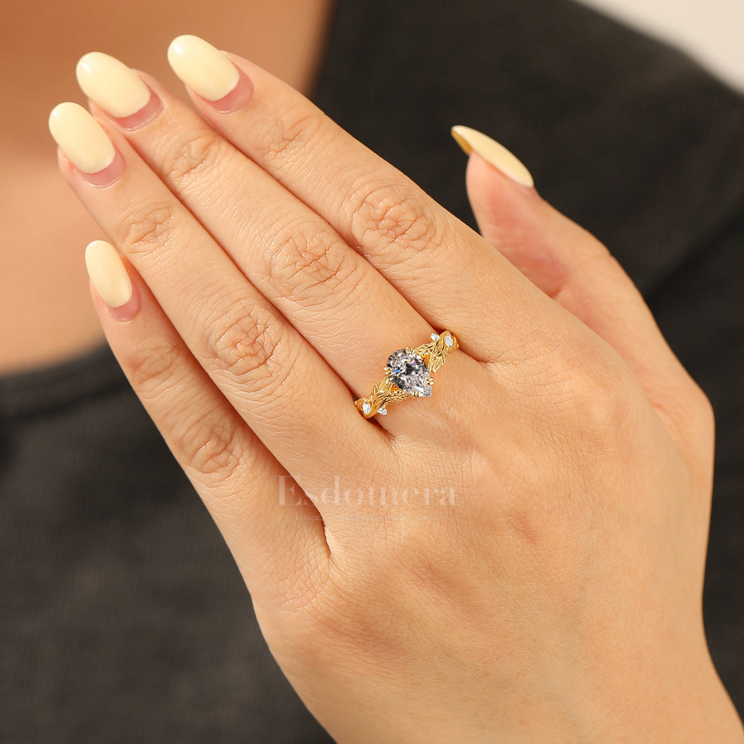 Branch Vine Pear Cut Lab Grown Diamond Engagement Ring 14K Yellow Gold Wedding Ring (IGI Certified)