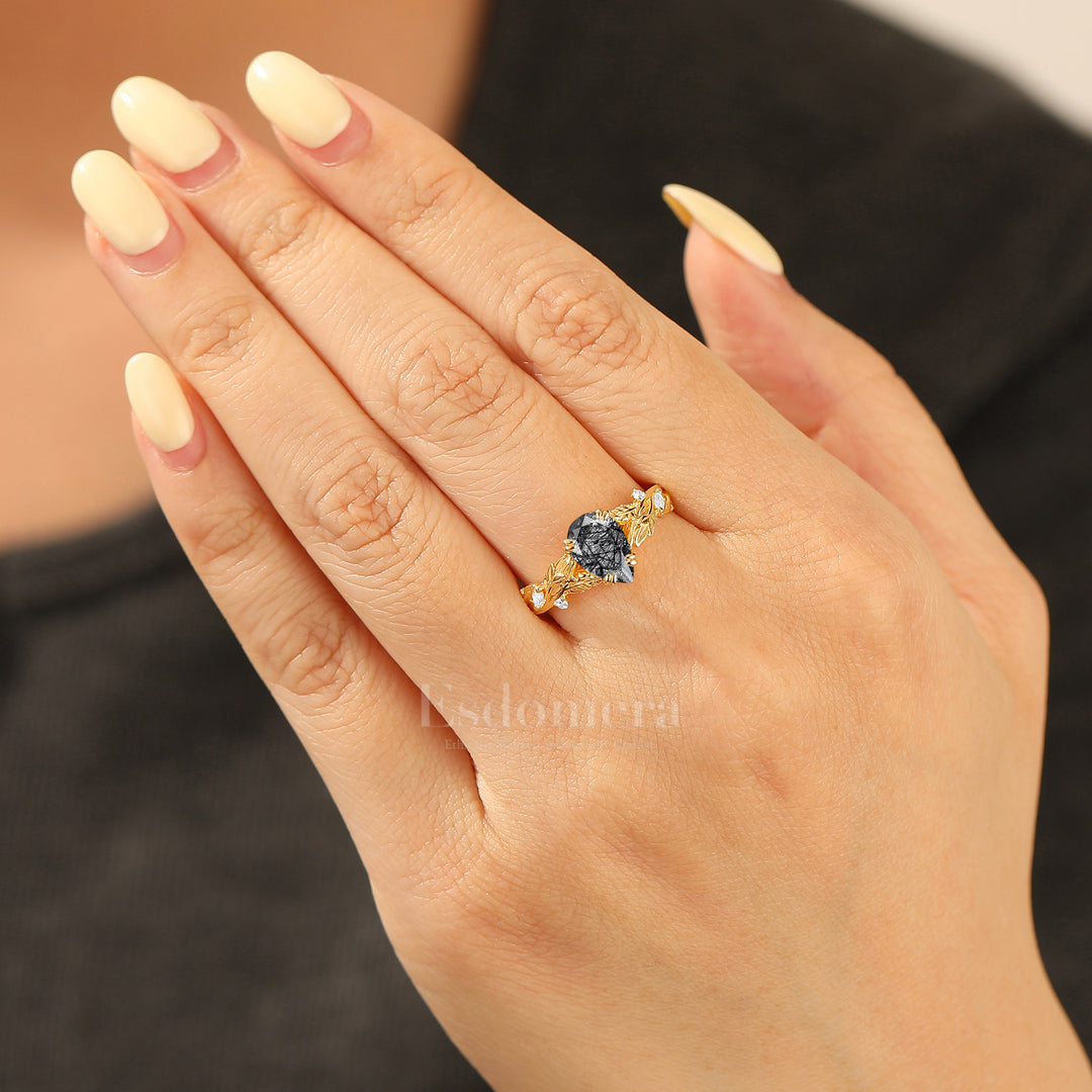 Delicate Pear Cut Black Rutilated Quartz Engagement Ring Leaf Design Wedding Ring
