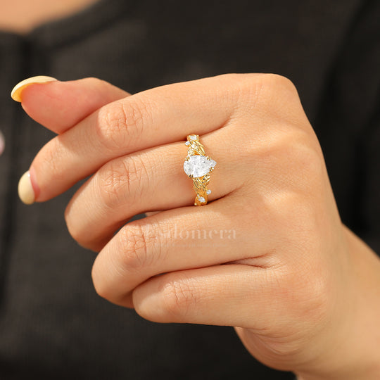 Radiant Pear Moissanite Leaf Design Wedding Ring Nature Inspired Vintage Engagement Ring