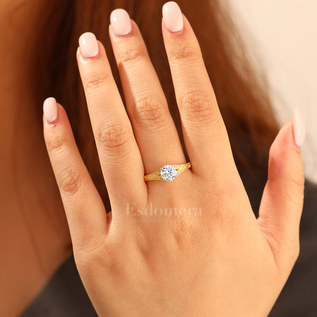 14K Vintage runder Solitär Verlobungsring aus Gelbgold mit Moissanit, filigraner Ring