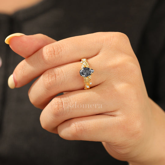 Delicate Pear Cut Black Rutilated Quartz Engagement Ring Leaf Design Wedding Ring