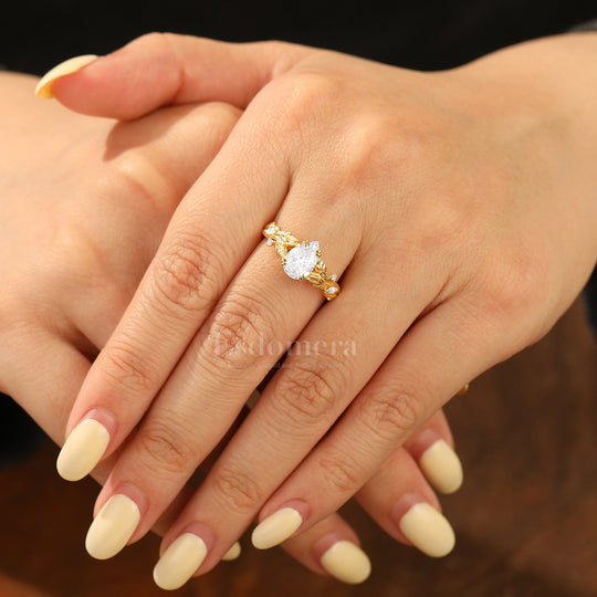 Radiant Pear Moissanite Leaf Design Wedding Ring Nature Inspired Vintage Engagement Ring