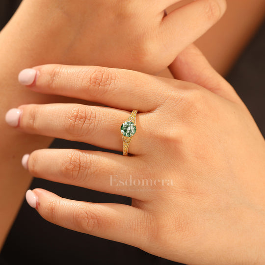 14K Vintage  Round  Solitaire Yellow Gold Moss Agate Engagement Ring Filigree Ring Women Ring