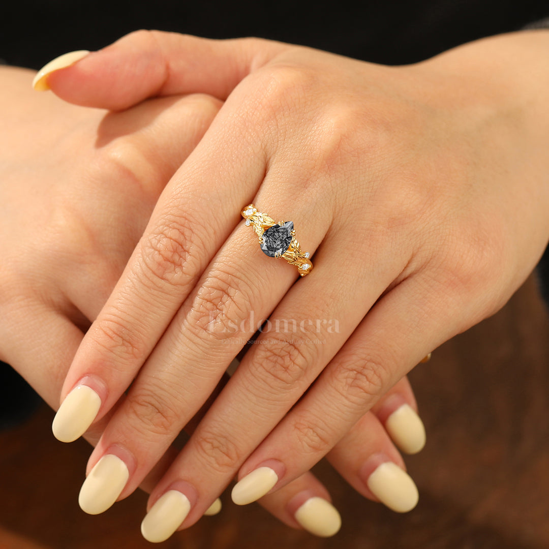 Delicate Pear Cut Black Rutilated Quartz Engagement Ring Leaf Design Wedding Ring