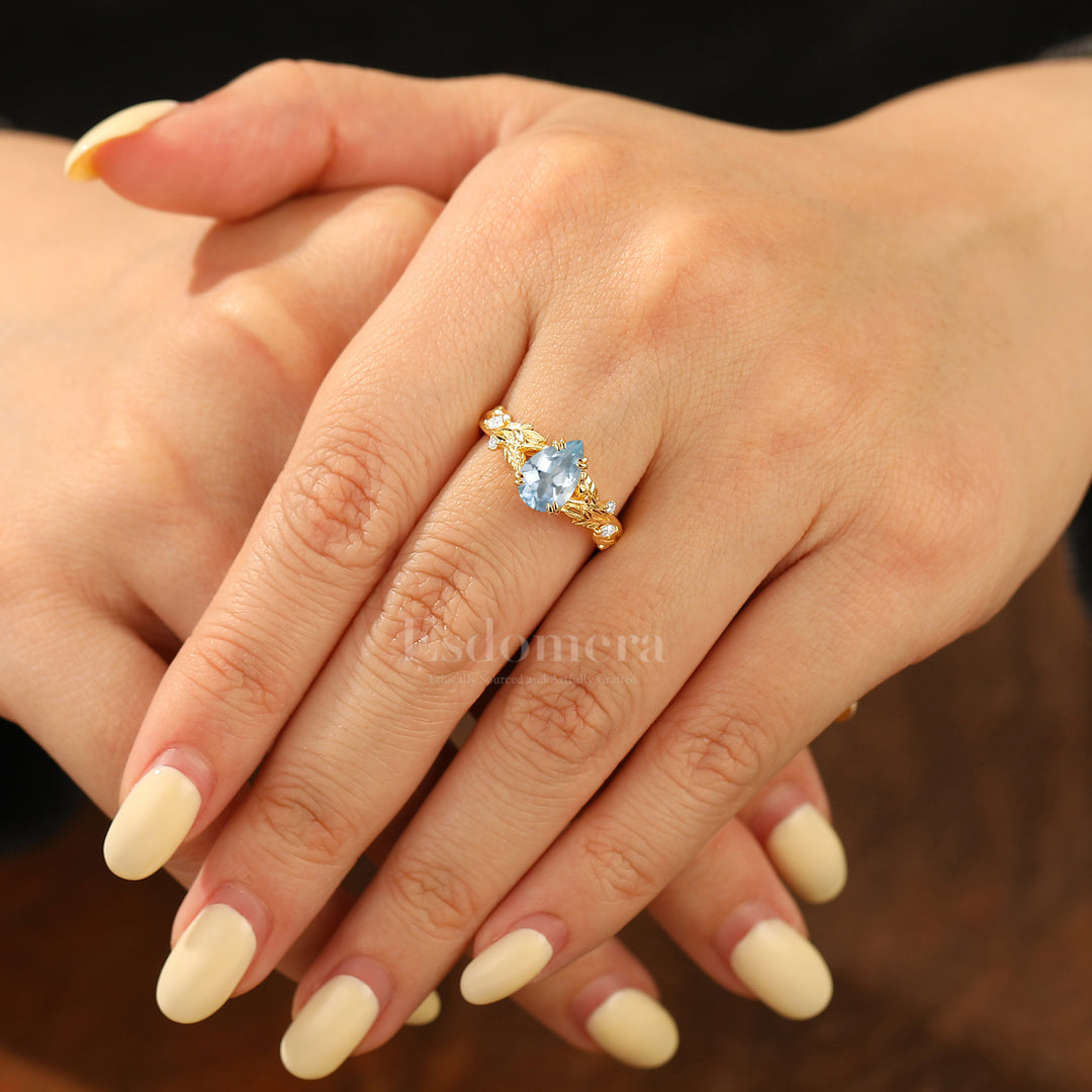Romantic Pear Cut Aquamarine Engagement Ring Leaf Detail Vintage Wedding Ring
