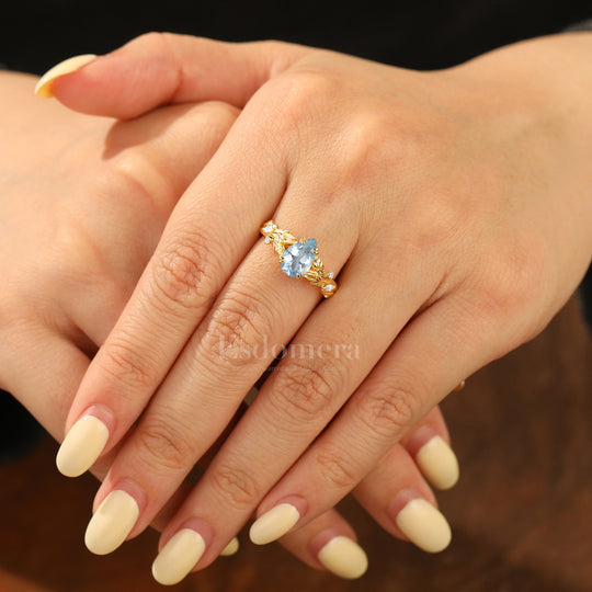 Romantic Pear Cut Aquamarine Engagement Ring Leaf Detail Vintage Wedding Ring