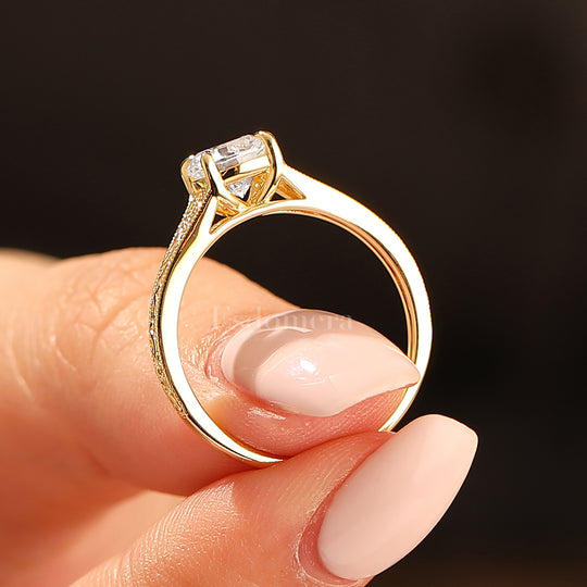 14K Vintage runder Solitär Verlobungsring aus Gelbgold mit Moissanit, filigraner Ring