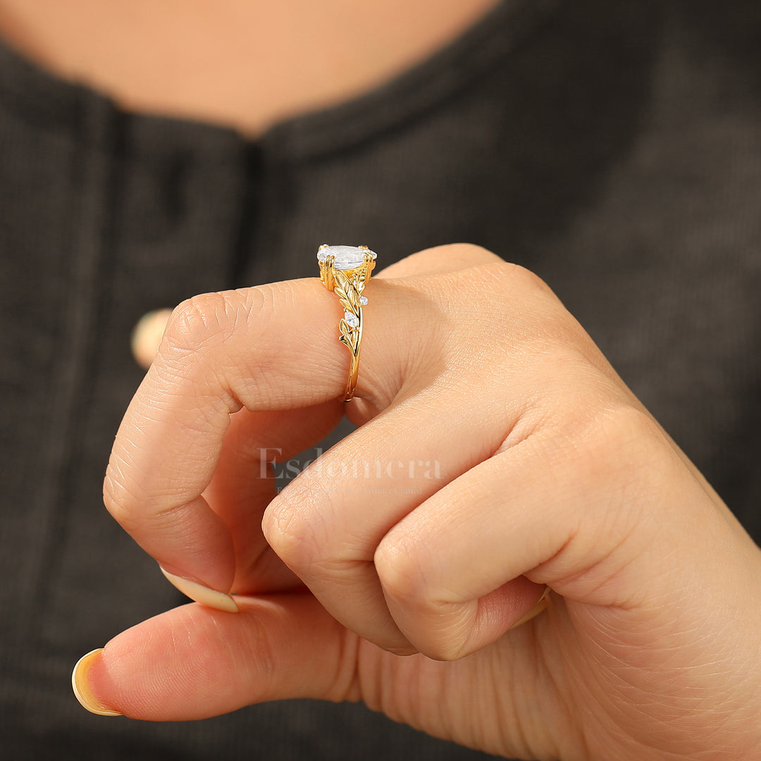 Radiant Pear Moissanite Leaf Design Wedding Ring Nature Inspired Vintage Engagement Ring