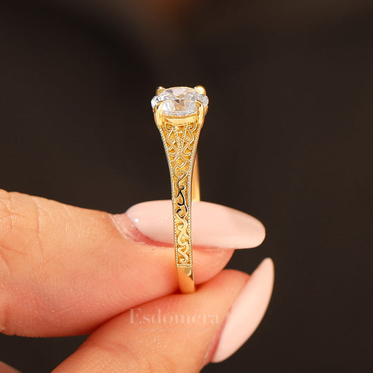 14K Vintage runder Solitär Verlobungsring aus Gelbgold mit Moissanit, filigraner Ring