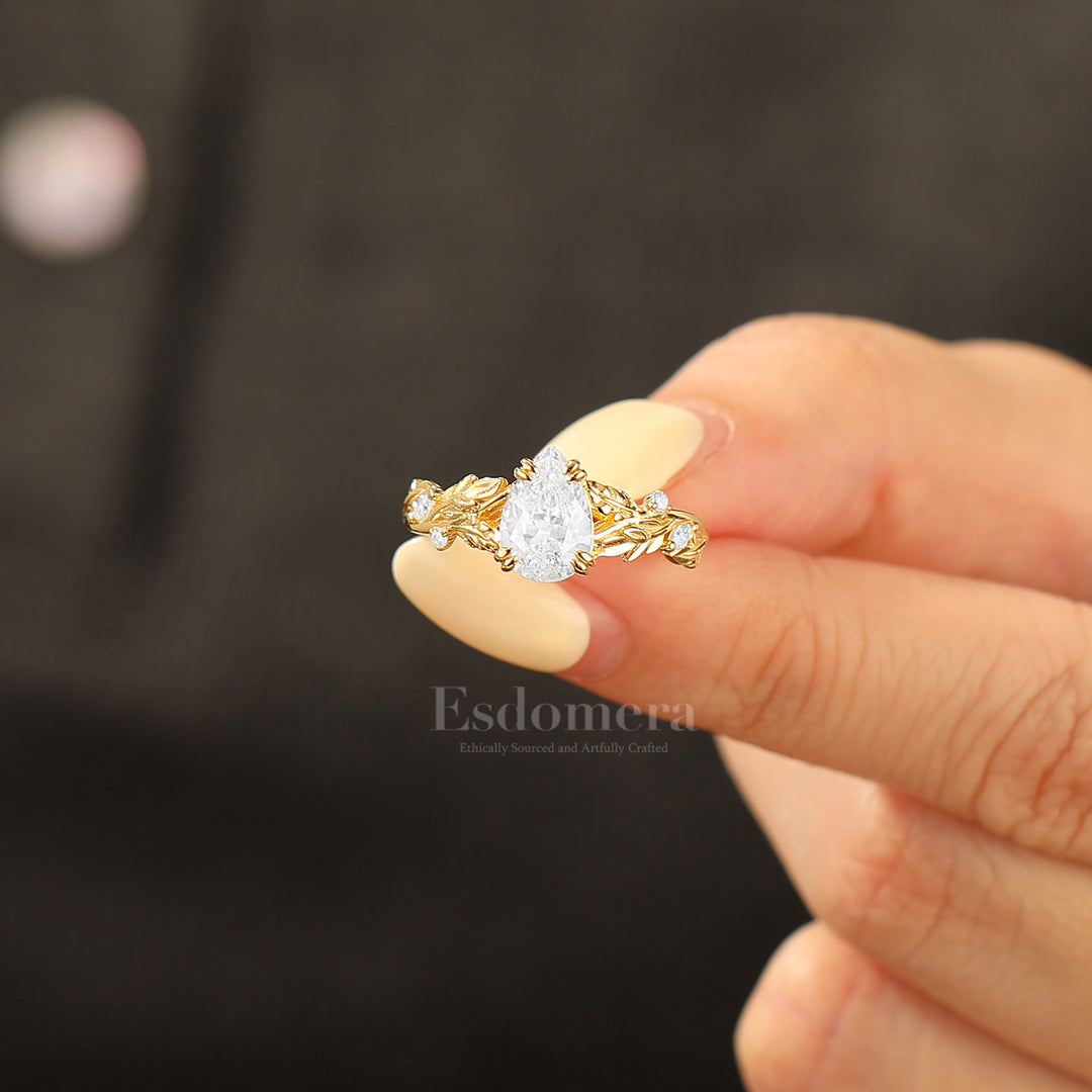 Radiant Pear Moissanite Leaf Design Wedding Ring Nature Inspired Vintage Engagement Ring