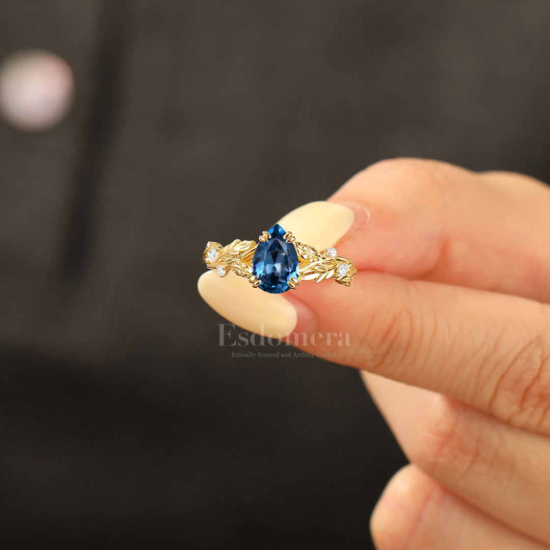Enchanting Pear London Blue Topaz Bridal Ring Vine-Inspired 14K Gold Women Fine Ring