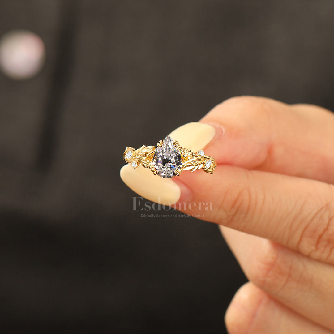 Branch Vine Pear Cut Lab Grown Diamond Engagement Ring 14K Yellow Gold Wedding Ring (IGI Certified)